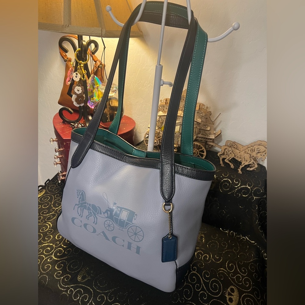 Coach 2021 Color Block Blue Green Pebble Leather Tote 27 Embossed Carriage Motif